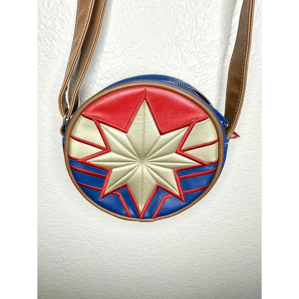 Disney Crossbody Bag Womens Small Blue Red Faux Leather Captain Marvel Star